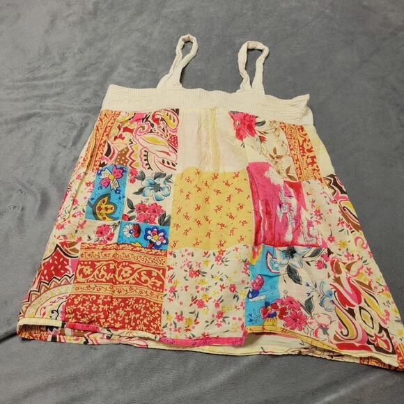 MKM Shirt Womens Small Pink Patchwork Strap Tank Top Beige Smocked Back Button - Picture 9 of 11